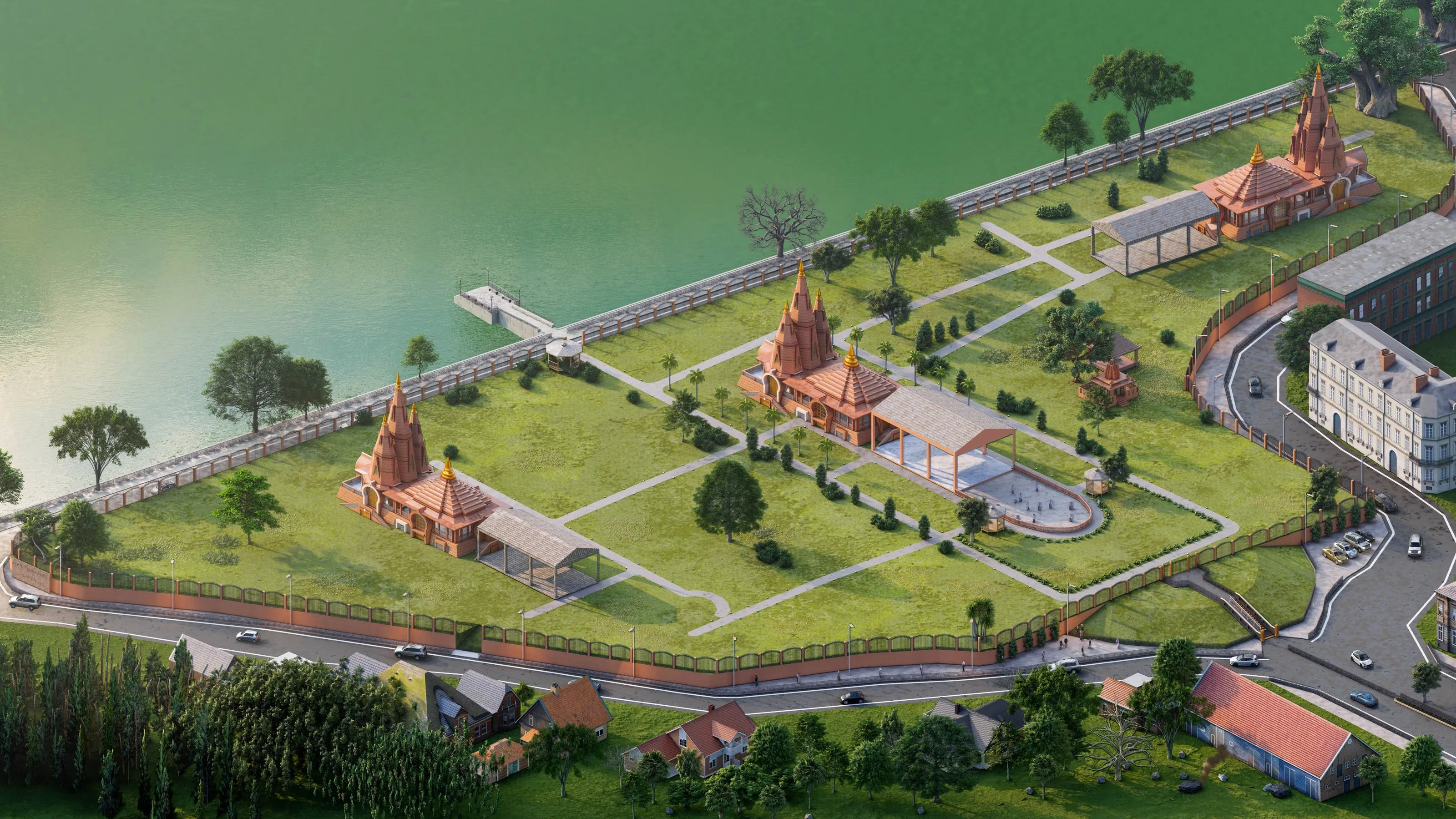 Aerial render of the Sivadol beautification masterplan, showing the temple pavilions, gateway, staircase and lakefront deck along the Sivasagar tank